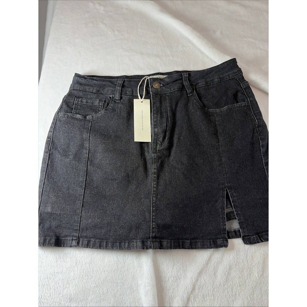 NWT Luvamia‎ Skorts Women Stretch Denim Mini Skirt Side Slit /High Waist M Retro